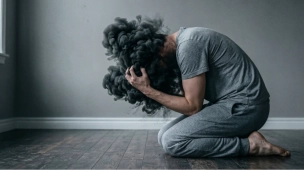 Uma fotografia dramática de um homem de joelhos no chão de madeira escuro, curvado com as mãos agarrando a cabeça em angústia, enquanto uma densa nuvem de fumaça preta, simbolizando depressão e turbulência mental, obscurece completamente sua face. O cenário minimalista e sombrio com paredes cinzas e uma janela tênue evoca um estado emocional profundo, ajudando a ilustrar as distinções clínicas entre humor deprimido, episódio depressivo e transtorno depressivo discutidas no post para o raciocínio clínico em psicopatologia.