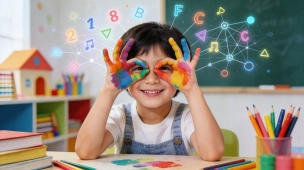 Criança sorridente em sala de aula, com as mãos pintadas de cores vibrantes formando um gesto ao redor dos olhos, enquanto ao fundo aparecem símbolos coloridos como números, letras e conexões que representam processos cognitivos e aprendizagem.