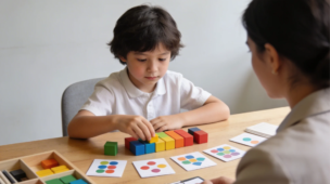 Criança em ambiente neutro com múltiplas camadas visuais ao redor representando diferentes habilidades (fala, aprendizado, emoções, autonomia), cada uma em estágios distintos. Expressão neutra e natural, sem infantilização. Elementos gráficos sutis ao redor (linhas, diagramas, símbolos cognitivos). Estilo realista suave com overlay editorial, cores claras, estética de psicologia contemporânea.